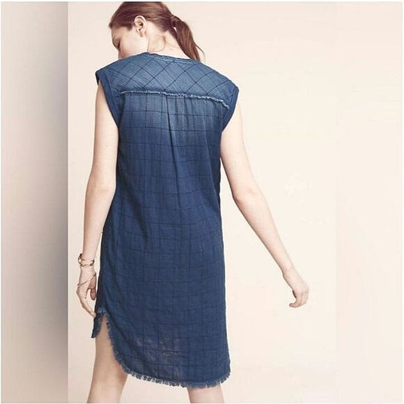Cloth & Stone Quilted Chambray Blue Midi Dress Boho Chic Raw Hem Relaxed Fit XS - Picture 9 of 16